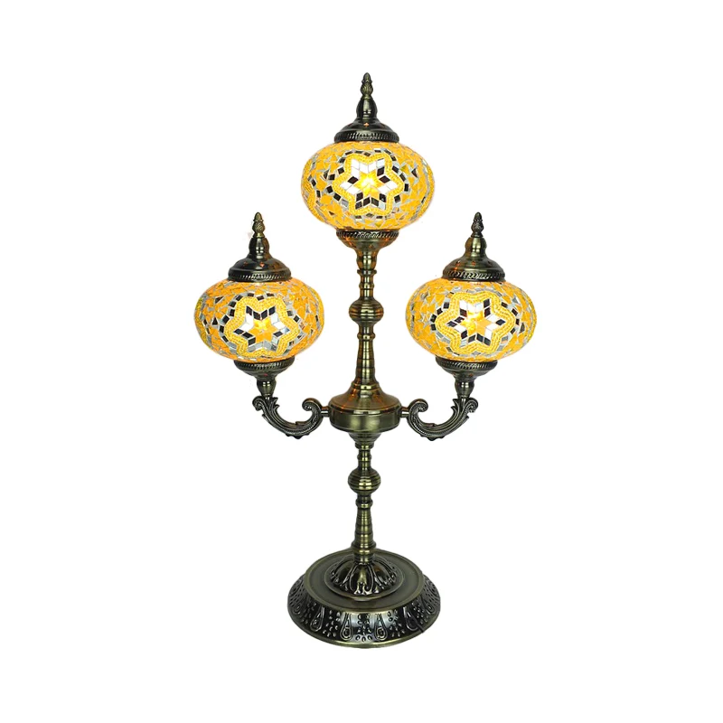 Lampe de Table de nuit ovale pour chambre à coucher, vitrail traditionnel à 3 têtes, petite lampe de bureau jaune/bleu Cle...