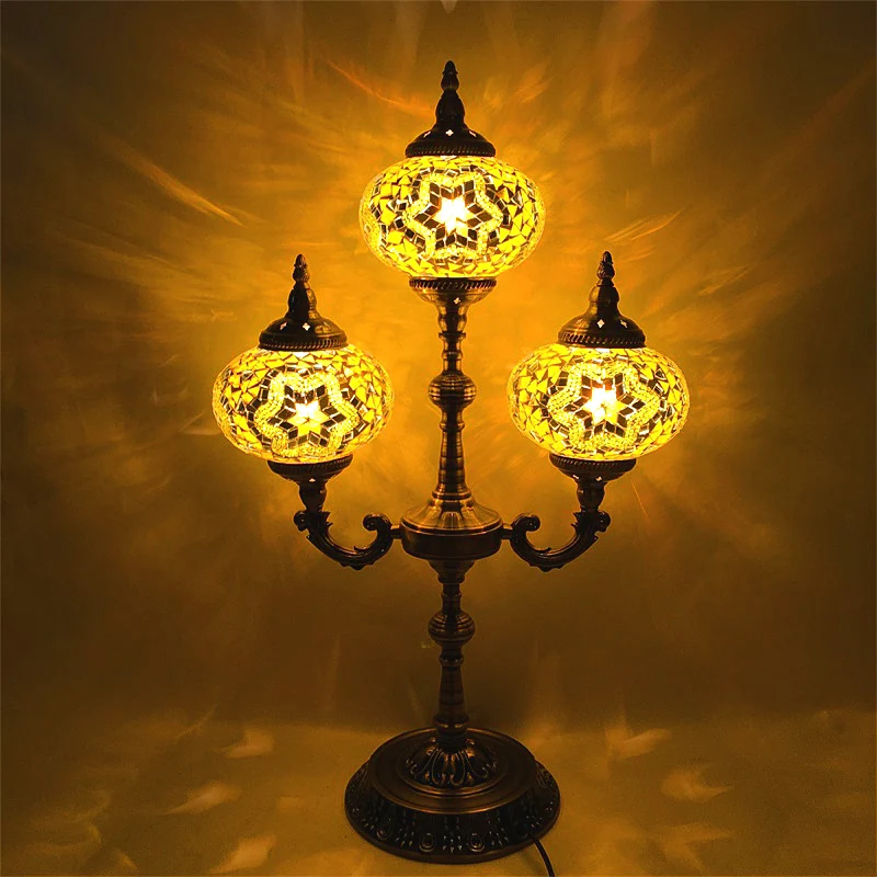 Lampe de Table de nuit ovale pour chambre à coucher, vitrail traditionnel à 3 têtes, petite lampe de bureau jaune/bleu Cle...