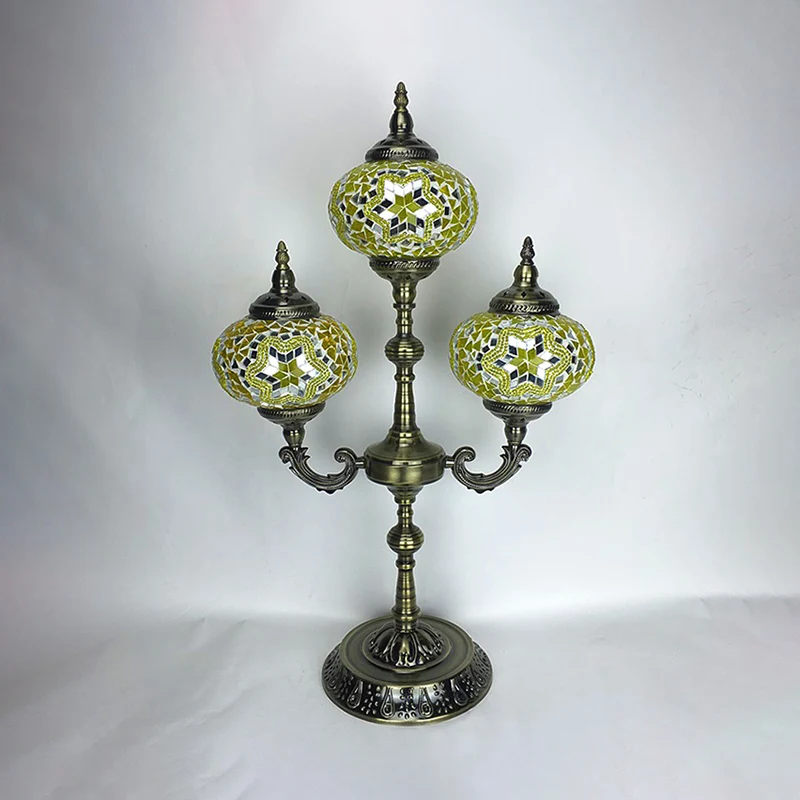 Lampe de Table de nuit ovale pour chambre à coucher, vitrail traditionnel à 3 têtes, petite lampe de bureau jaune/bleu Cle...