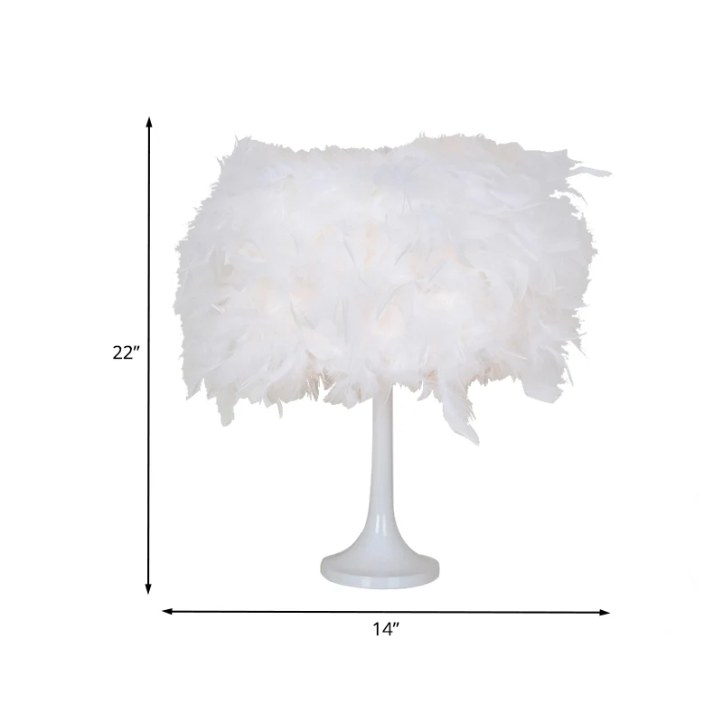 Lampe de table de nuit en plumes blanches, éclairage de bureau moderne à 1 lumière avec abat-jour en tissu pour le salon C...