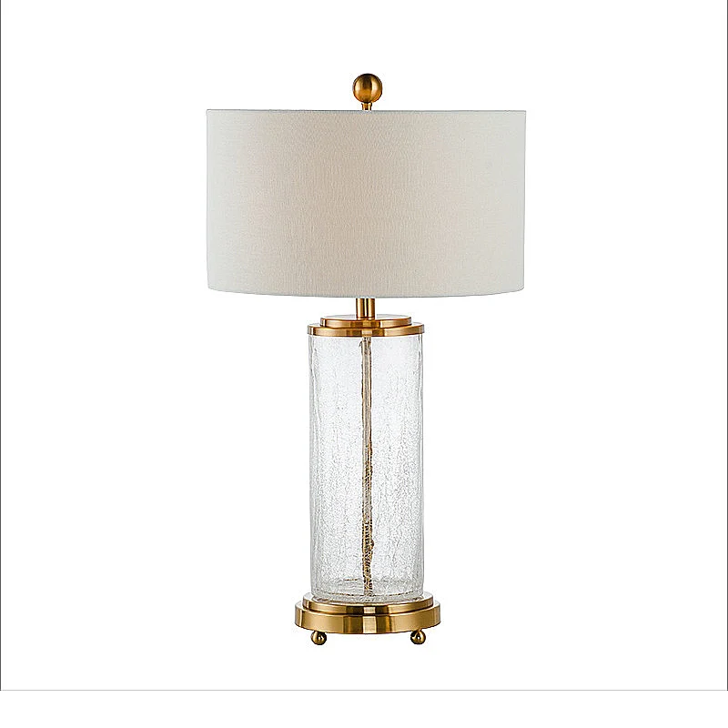 Lampe de table de nuit ronde blanche en tissu classique à 1 lumière pour chambre à coucher avec base cylindrique en verre...