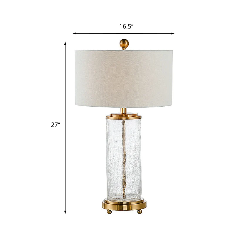 Lampe de table de nuit ronde blanche en tissu classique à 1 lumière pour chambre à coucher avec base cylindrique en verre...