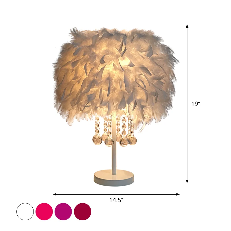 Lampe de table de nuit ronde en plumes, lampe de table contemporaine à 1 ampoule rouge/rose/violet avec goutte de cristal...
