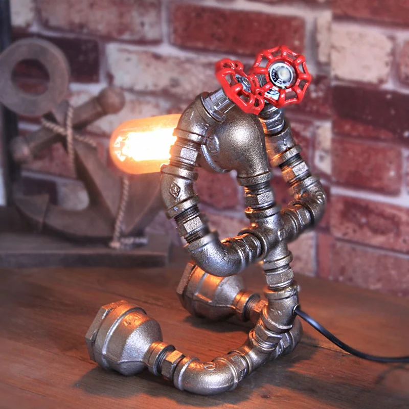 Lampe de Table Robot en Fer Forgé avec Valve d'Eau Steampunk 1 Ampoule Lampe de Table de Café en Argent Clearhalo