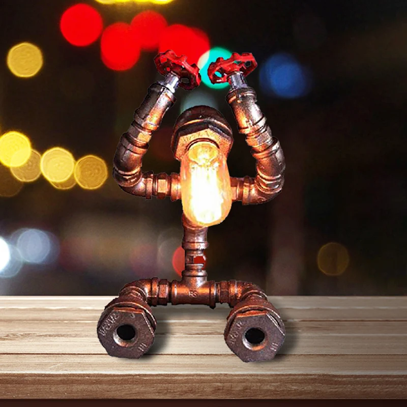 Lampe de Table Robot en Fer Forgé avec Valve d'Eau Steampunk 1 Ampoule Lampe de Table de Café en Argent Clearhalo