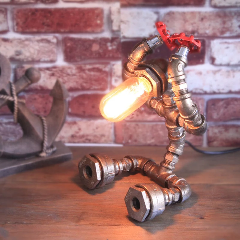 Lampe de Table Robot en Fer Forgé avec Valve d'Eau Steampunk 1 Ampoule Lampe de Table de Café en Argent Clearhalo