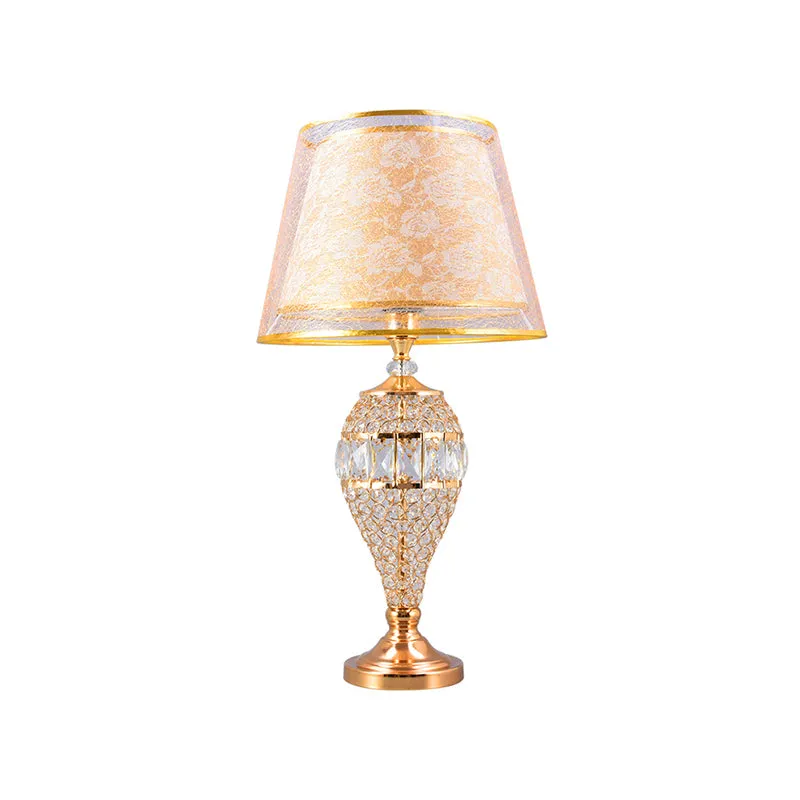 Lampe de table de salon en forme de larme, lampe de nuit traditionnelle en cristal doré à 1 lumière avec abat-jour en tiss...