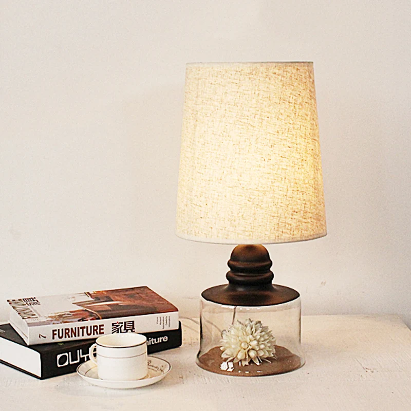 Lampe de table seau pastorale, veilleuse en tissu à 1 ampoule, transparent/bleu/noir, avec fleur séchée et base en verre C...