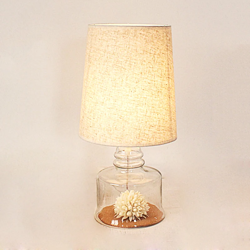 Lampe de table seau pastorale, veilleuse en tissu à 1 ampoule, transparent/bleu/noir, avec fleur séchée et base en verre C...