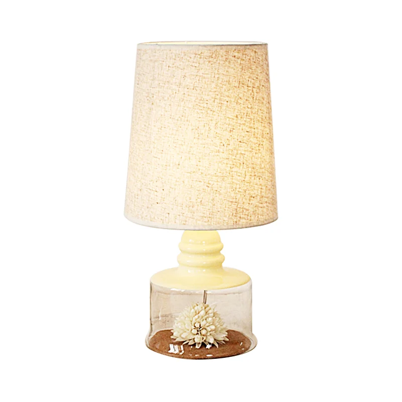 Lampe de table seau pastorale, veilleuse en tissu à 1 ampoule, transparent/bleu/noir, avec fleur séchée et base en verre C...