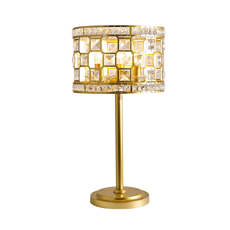 Lampe de table à tambour ajourée dorée, cristal K9 traditionnel, 3 lumières, pour salon, table de nuit Clearhalo