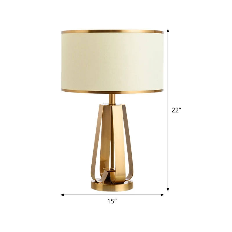 Lampe de table tambour en tissu moderniste 1 tête lampe de lecture dorée avec base en métal Clearhalo