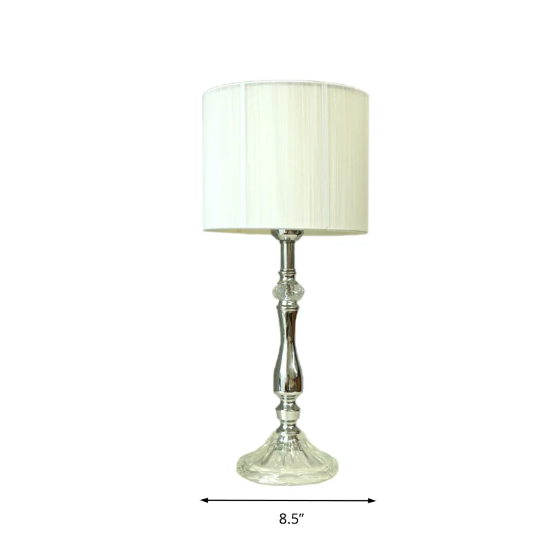 Lampe de table en tissu blanc cylindre 1 lumière veilleuse simple pour salon avec base en cristal Clearhalo