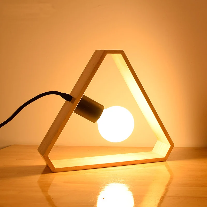 Lampe de table triangulaire industrielle Loft avec cadre en bois, 1 lampe sur pied pour chambre à coucher Clearhalo