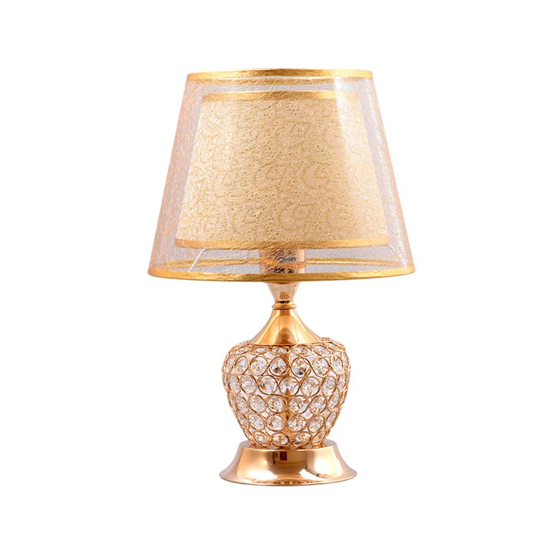 Lampe de table évasée en tissu, petite lampe de bureau moderne à 1 tête dorée avec perle de cristal Clearhalo