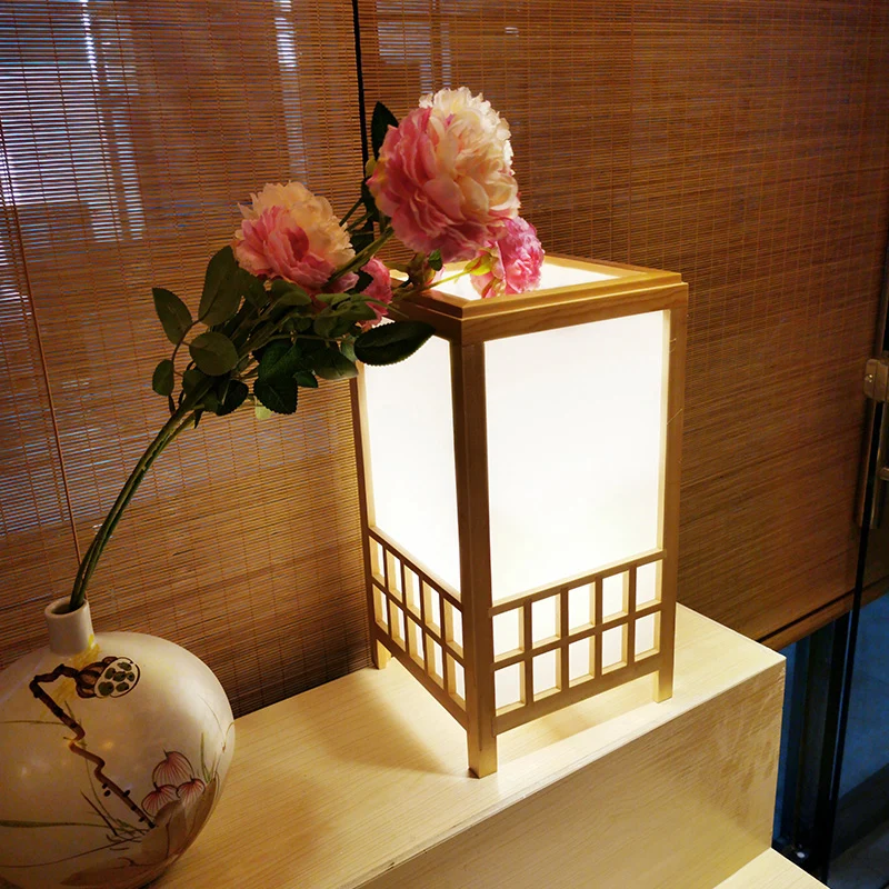 Lampe de travail rectangulaire en bois, petite lampe de bureau chinoise à 1 ampoule en Beige pour restaurant Clearhalo