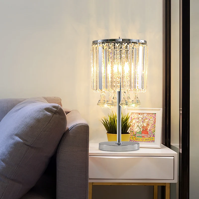 Lampe de travail à tambour à 2 têtes Lampe de table moderne en cristal à facettes en chrome avec larme de cristal Clearhalo