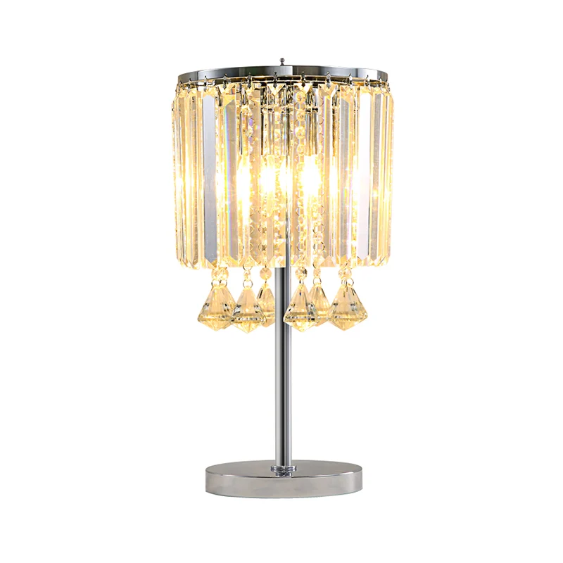 Lampe de travail à tambour à 2 têtes Lampe de table moderne en cristal à facettes en chrome avec larme de cristal Clearhalo