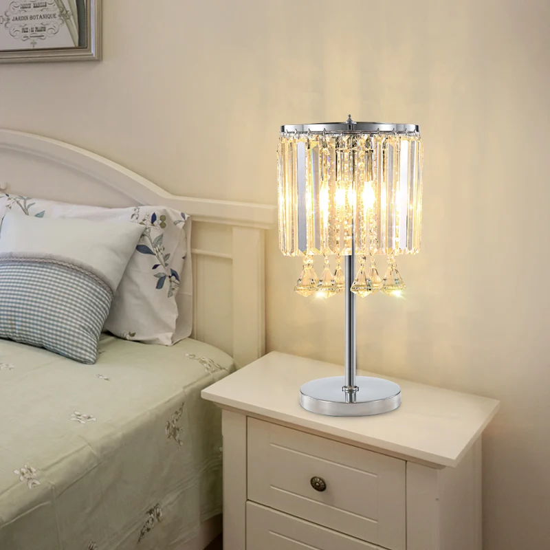 Lampe de travail à tambour à 2 têtes Lampe de table moderne en cristal à facettes en chrome avec larme de cristal Clearhalo