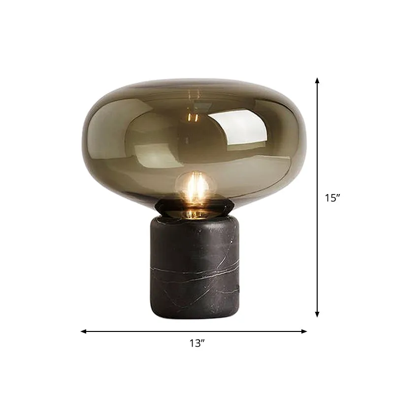 Lampe de travail Urne contemporaine en verre gris fumé, 1 ampoule, 8"/13" de large, lampe de table noire avec base en marb...