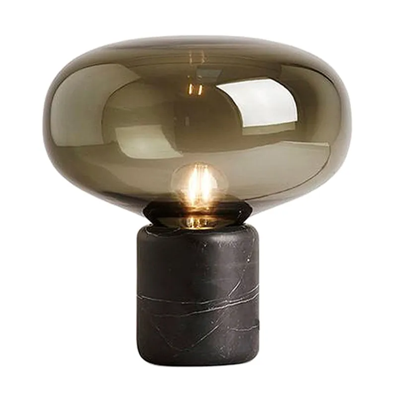Lampe de travail Urne contemporaine en verre gris fumé, 1 ampoule, 8"/13" de large, lampe de table noire avec base en marb...