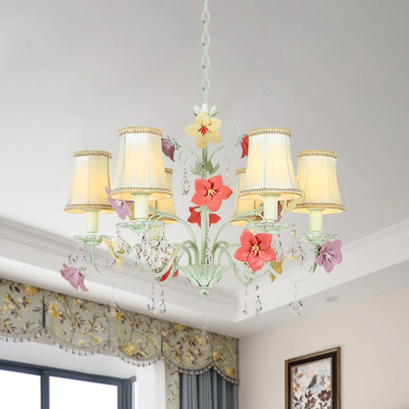 Lampe évasée à fleurs coréennes, lustre en tissu à 6 ampoules, vert clair avec accents de cristal Clearhalo