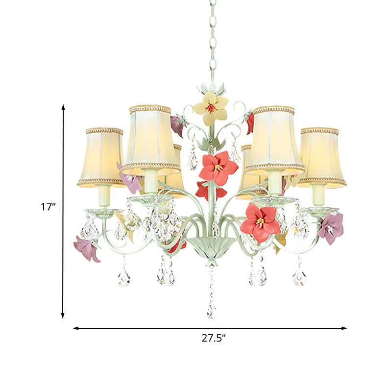 Lampe évasée à fleurs coréennes, lustre en tissu à 6 ampoules, vert clair avec accents de cristal Clearhalo