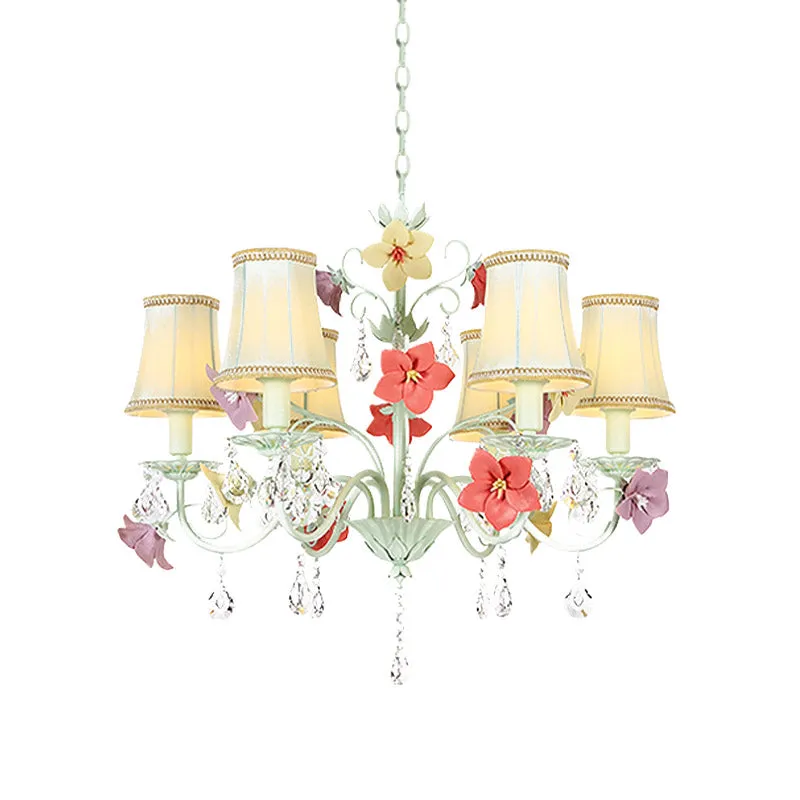 Lampe évasée à fleurs coréennes, lustre en tissu à 6 ampoules, vert clair avec accents de cristal Clearhalo