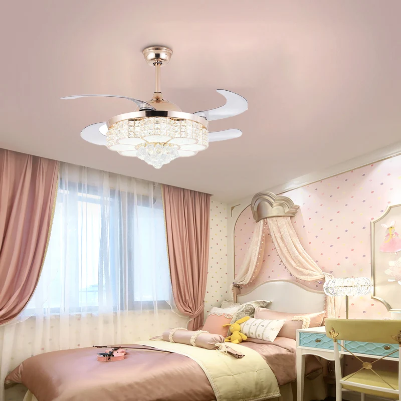 Lampe de ventilateur de plafond à fleurs dorées, semi-encastrée contemporaine en cristal à LED avec télécommande/commande...