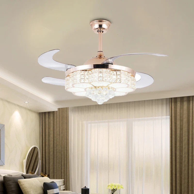 Lampe de ventilateur de plafond à fleurs dorées, semi-encastrée contemporaine en cristal à LED avec télécommande/commande...