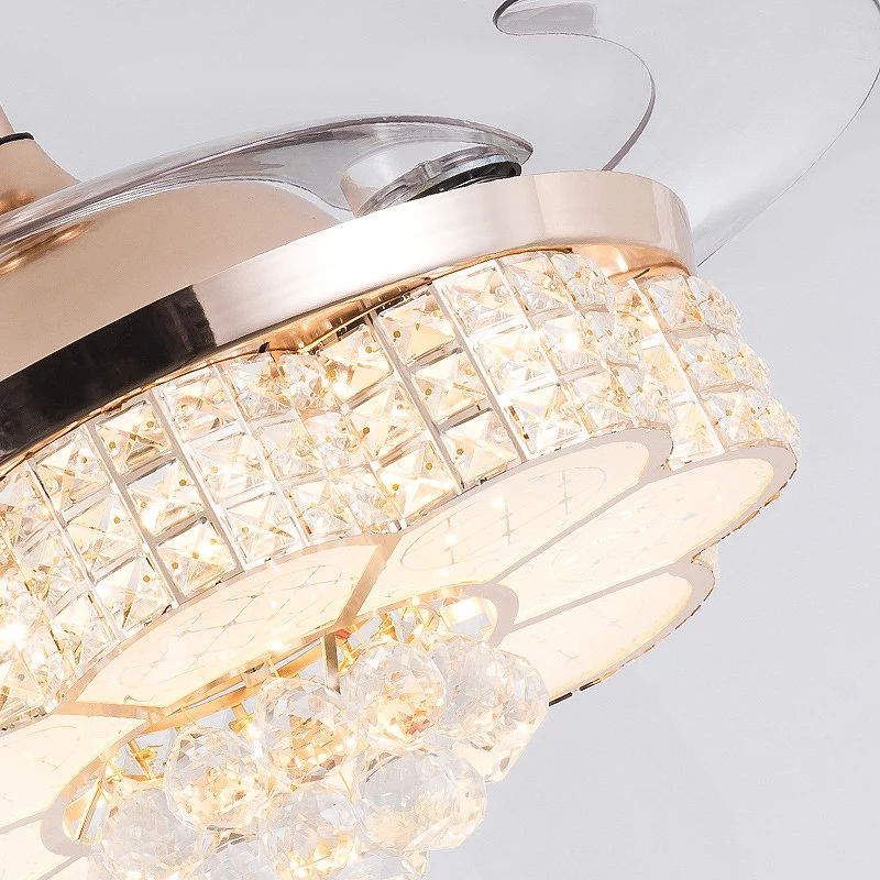 Lampe de ventilateur de plafond à fleurs dorées, semi-encastrée contemporaine en cristal à LED avec télécommande/commande...