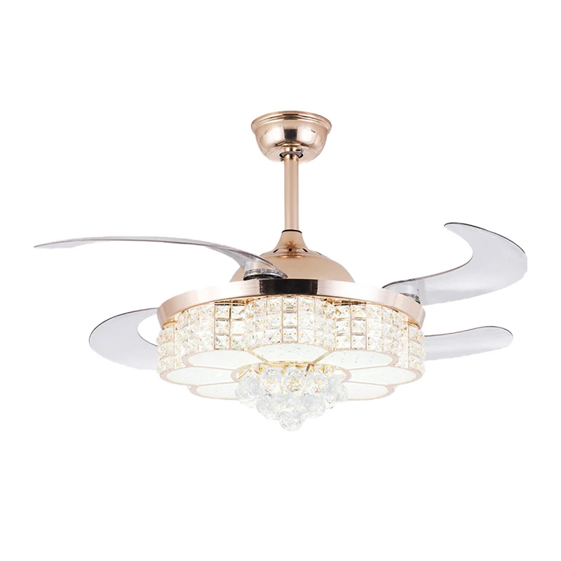 Lampe de ventilateur de plafond à fleurs dorées, semi-encastrée contemporaine en cristal à LED avec télécommande/commande...