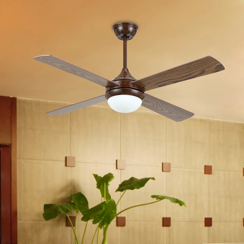 Lampe de ventilateur de plafond à LED semi-encastrée à LED marron, oignon métallique traditionnel, 4 pales en bois, pour l...