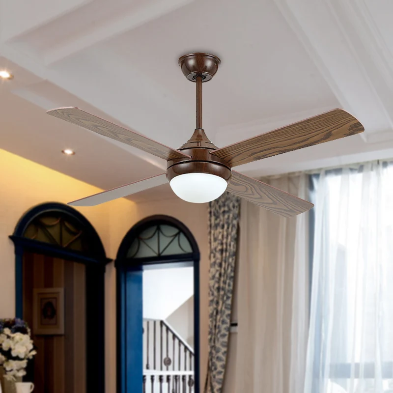 Lampe de ventilateur de plafond à LED semi-encastrée à LED marron, oignon métallique traditionnel, 4 pales en bois, pour l...