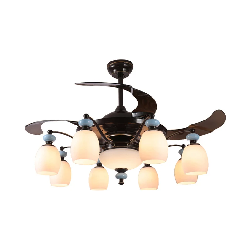 Lampe de ventilateur de plafond noire à 6/8 lumières, luminaire traditionnel à bulles en verre opale, montage Semi-encastr...