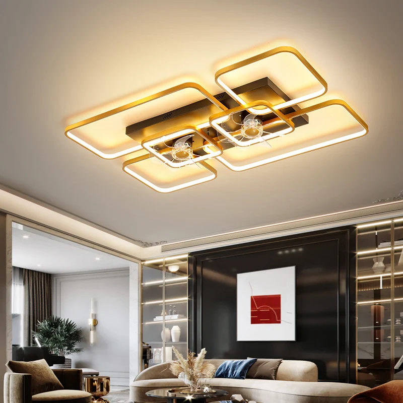 Lampe de ventilateur de plafond rectangulaire télécommandée, lampe LED semi-encastrée contemporaine en acrylique pour salo...