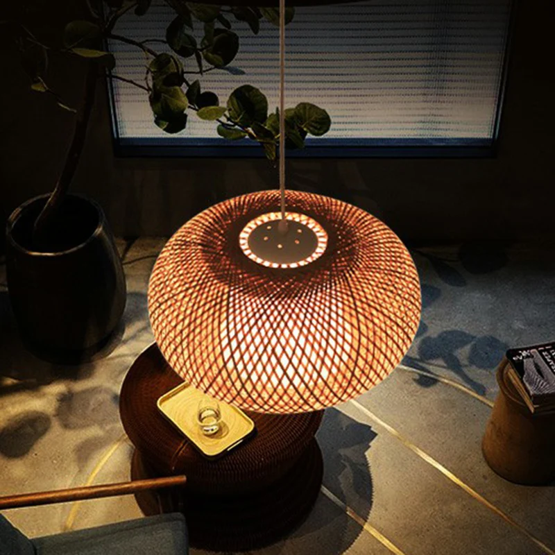 Lanterne en bois luminaire suspendu chinois 1 ampoule lampe suspendue en bambou pour salon de thé Clearhalo