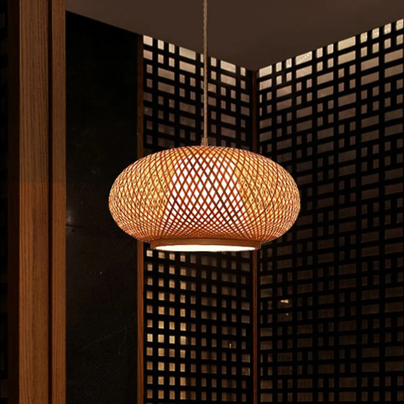 Lanterne en bois luminaire suspendu chinois 1 ampoule lampe suspendue en bambou pour salon de thé Clearhalo