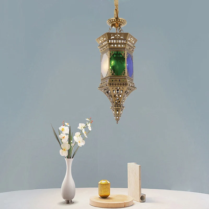 Lanterne de plafond de chambre à coucher, lustre arabe en métal à 3 têtes en laiton suspendu avec abat-jour en verre dépol...