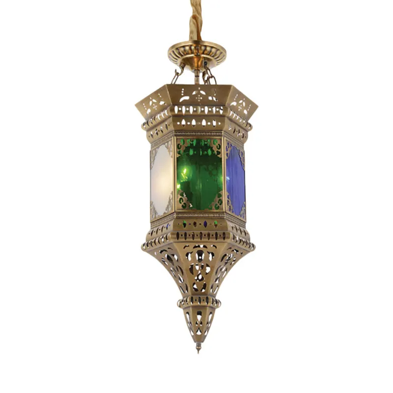 Lanterne de plafond de chambre à coucher, lustre arabe en métal à 3 têtes en laiton suspendu avec abat-jour en verre dépol...