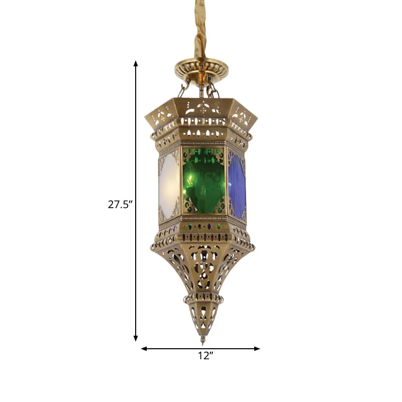 Lanterne de plafond de chambre à coucher, lustre arabe en métal à 3 têtes en laiton suspendu avec abat-jour en verre dépol...