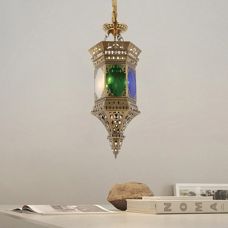 Lanterne de plafond de chambre à coucher, lustre arabe en métal à 3 têtes en laiton suspendu avec abat-jour en verre dépol...