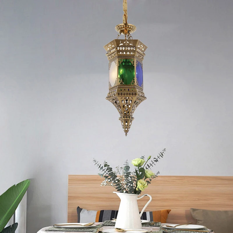 Lanterne de plafond de chambre à coucher, lustre arabe en métal à 3 têtes en laiton suspendu avec abat-jour en verre dépol...