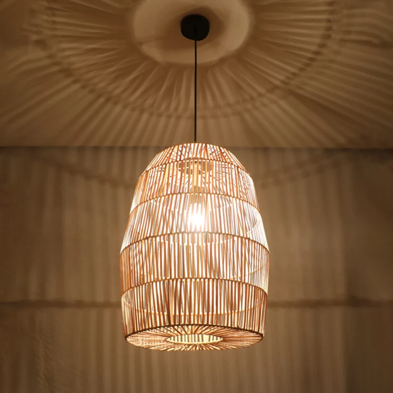 Lanterne tissée rurale, pendule en bambou, 1 tête, kit de lampe suspendue pour salon de thé, beige Clearhalo