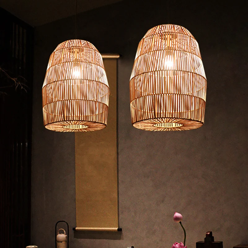 Lanterne tissée rurale, pendule en bambou, 1 tête, kit de lampe suspendue pour salon de thé, beige Clearhalo