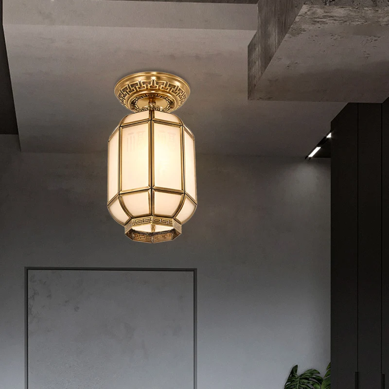 Lanterne en verre givré semi-encastré, plafonnier classique à 1 lumière pour couloir, en laiton Clearhalo