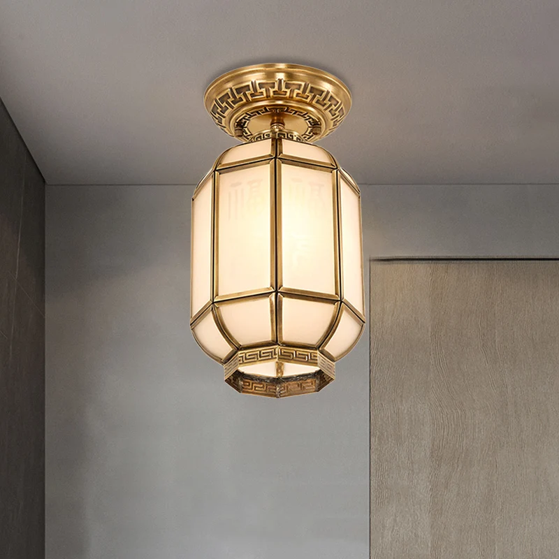 Lanterne en verre givré semi-encastré, plafonnier classique à 1 lumière pour couloir, en laiton Clearhalo