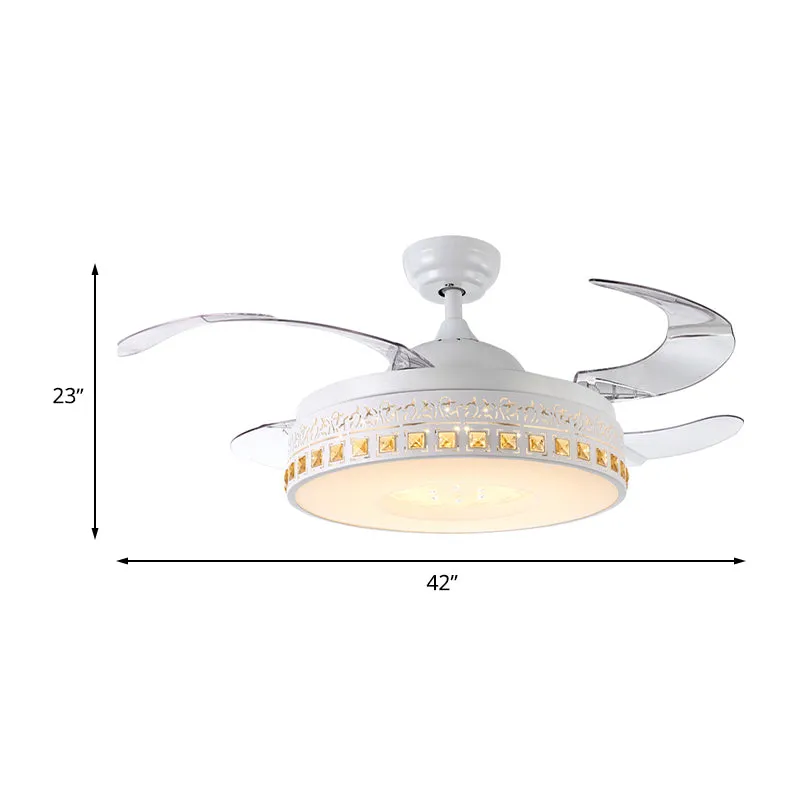 42" de largeur LED cristal semi-encastré simplicité anneau blanc salle à manger ventilateur suspendu avec 4 lames transpar...