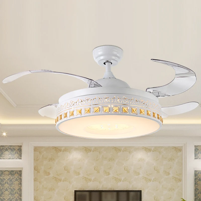 42" de largeur LED cristal semi-encastré simplicité anneau blanc salle à manger ventilateur suspendu avec 4 lames transpar...