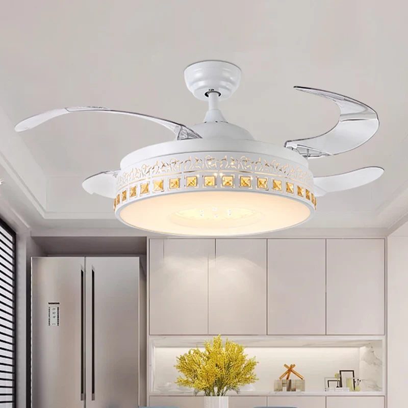 42" de largeur LED cristal semi-encastré simplicité anneau blanc salle à manger ventilateur suspendu avec 4 lames transpar...